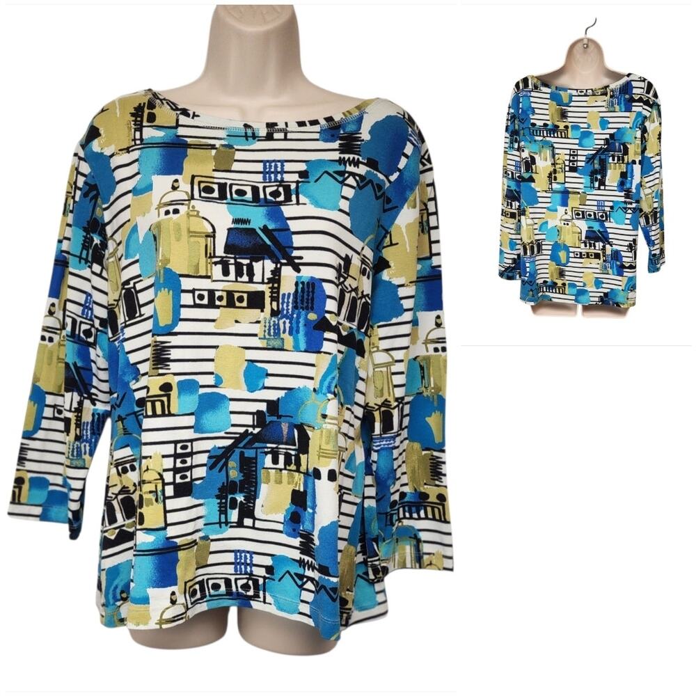 CHICO'S 3/4 Sleeve Geometric Abstract Pattern Multi Blue/Green Size 3 (US XL-16)